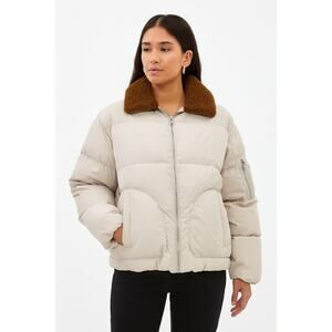 Zara Quilted Puffer Jacket Sherpa Collar Zip Up Oversized Tan Large